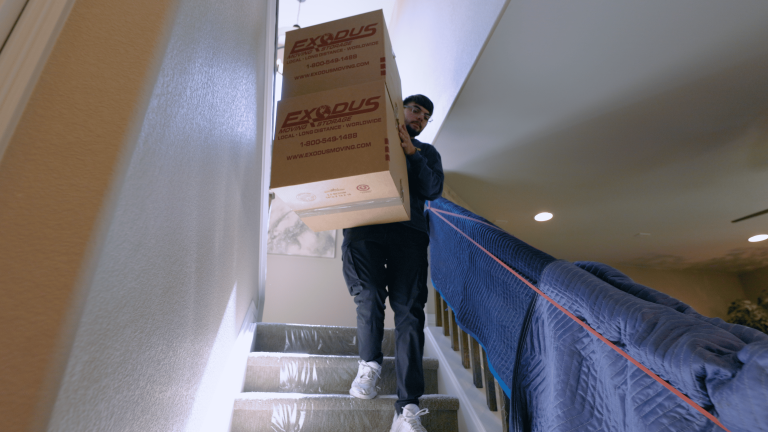 Person carrying cardboard boxes down a staircase indoors.