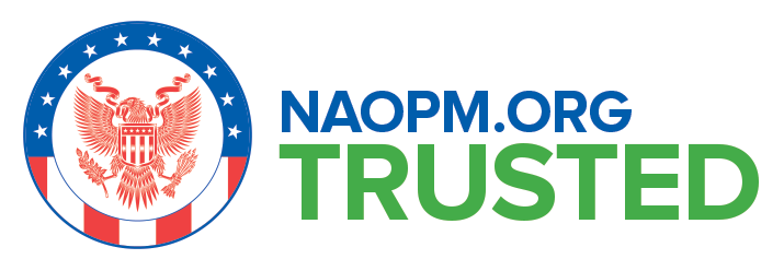 Circular emblem with an eagle and the text "NAOPM.ORG TRUSTED."